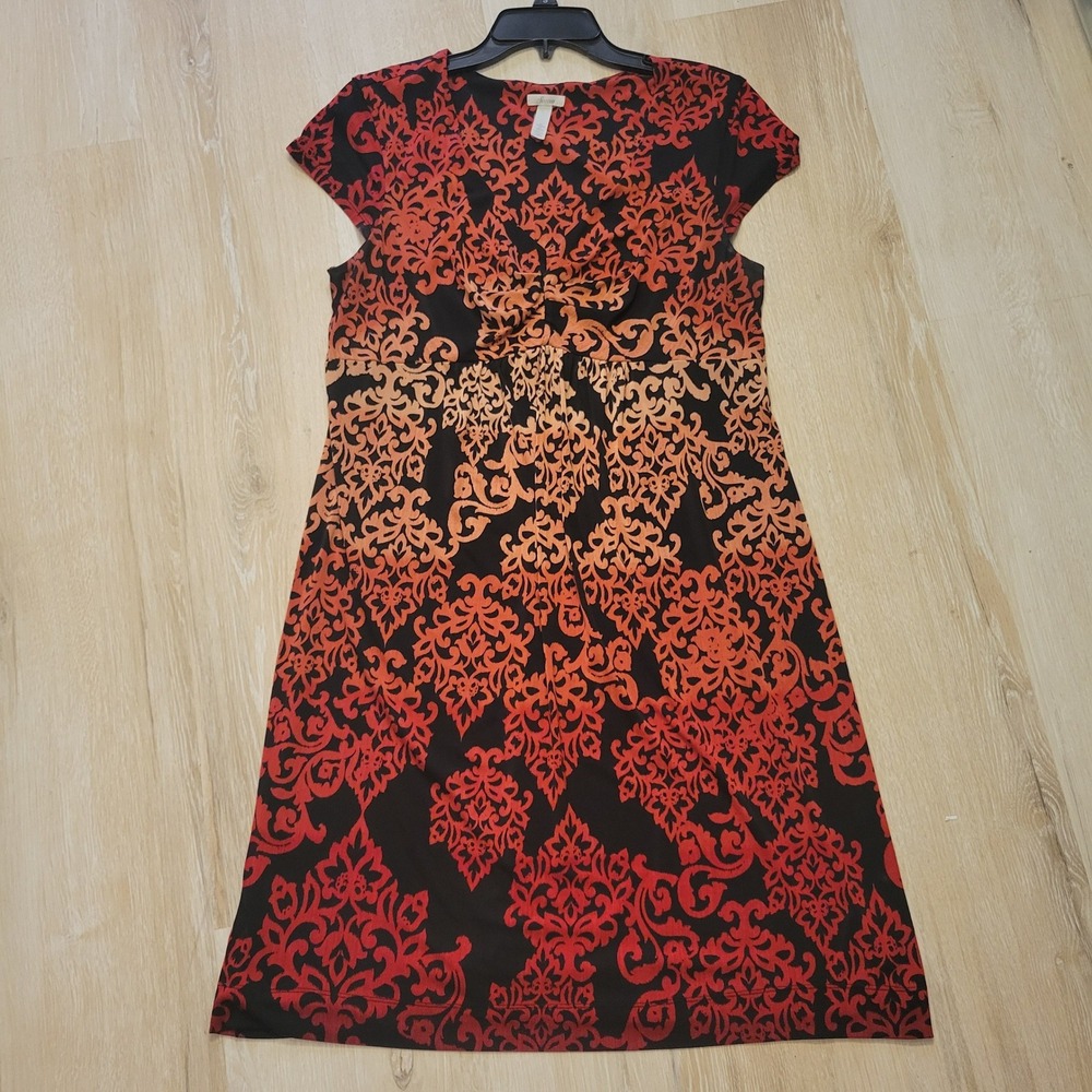 Soma Knit Dress Womens Large Red Orange Damask Empire Waist V-Neck Cap Sleeve - Picture 11 of 15